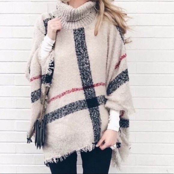 Goodnight Macaroon Sweaters - GOODNIGHT MACAROON HAYLEY PLAID TURTLENECK PONCHO